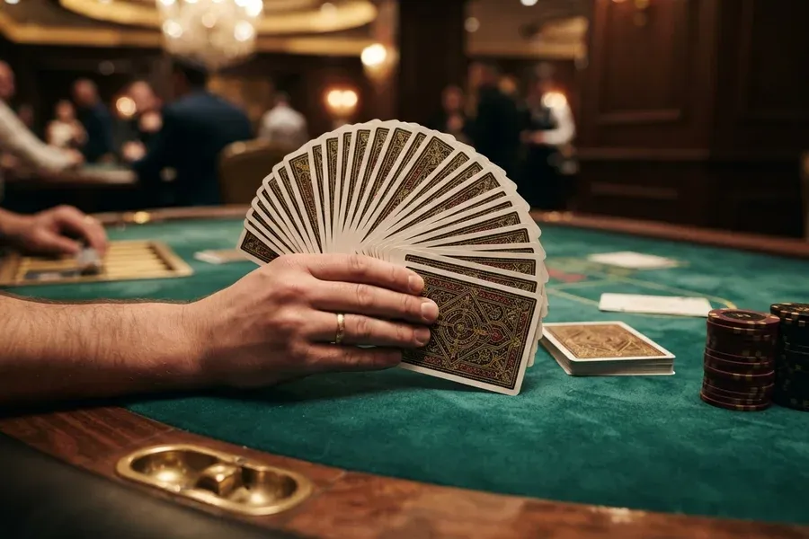 Mano sujetando un abanico de cartas sobre una mesa de casino con fichas apiladas